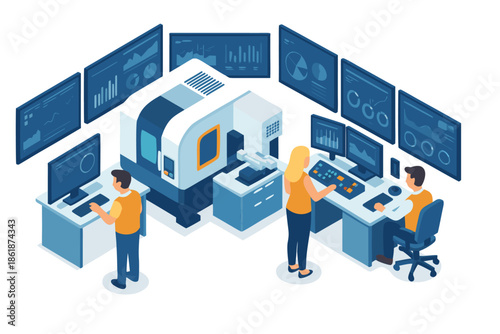 Team of engineers working on modern industrial automation project in high-tech facility