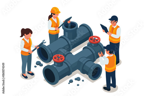 Workers inspecting large industrial pipes with tools and tablets on site