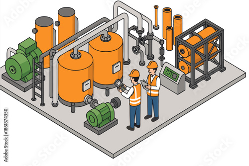 Industrial engineers operating complex machinery in modern factory setting
