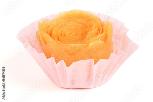 Orange Fruit Leather Rose in Pink Paper Cup Isolated