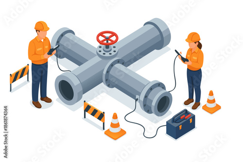 Workers inspecting and repairing industrial pipeline with safety gear