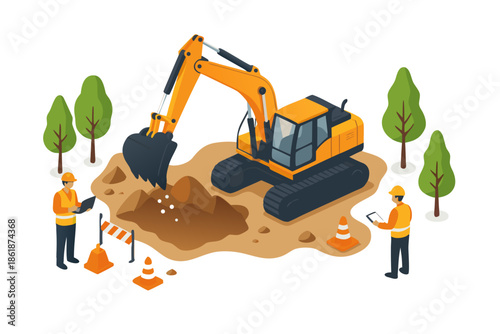 Construction workers operating excavator on a building site with trees