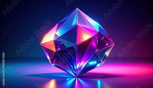 3d faceted geometric crystal glowing with neon light