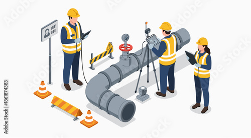 Workers inspecting large industrial pipes at construction site with safety gear