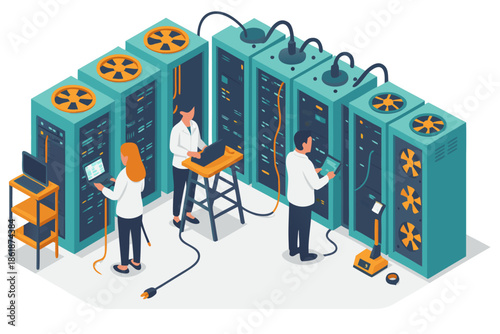 Professionals working on large server computers in data center environment
