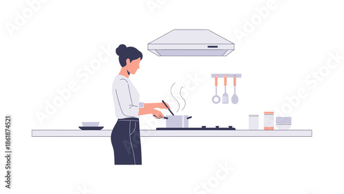 Woman cooking in modern kitchen with cooking utensils and kitchenware