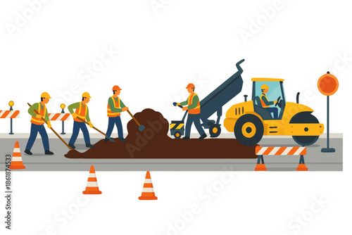 Construction workers paving road with heavy machinery and safety gear