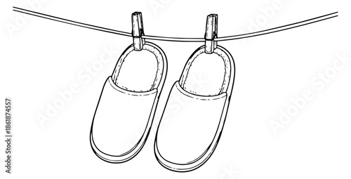 Hand drawn line art illustration of a pair of slippers depicting hanging on a clothesline for laundry and home comfort concepts
