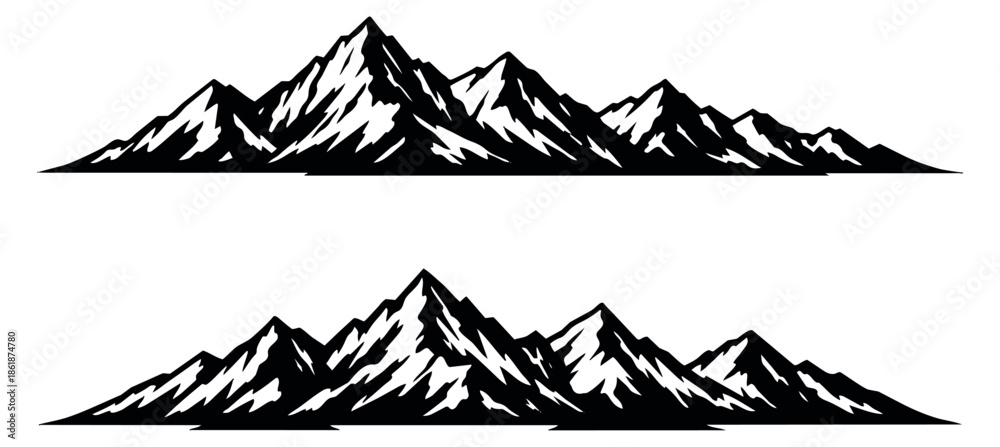 Fototapeta premium Graphic mountain range set featuring sharp peaks and valleys for landscape and adventure branding