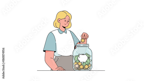 A woman with blonde hair putting coins into a large jar filled with money, indoors in a simple setting