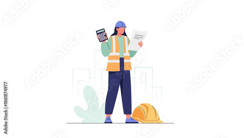 A construction worker stands with a hard hat and plans in an urban environment