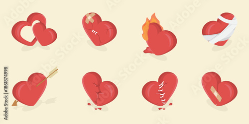 Heart icons set. Loving heart, heart with an arrow, broken heart, burning with fire, heartbreak with bandage, plaster, cracks. 3D flat isometric vector illustration.