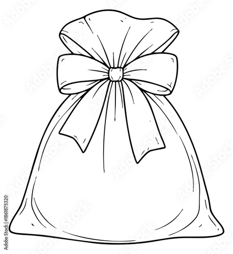 Hand drawn line art illustration of a gift bag depicting a bow for celebrations and presents