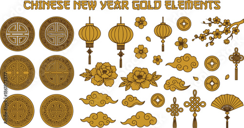  set of traditional chinese new year gold dacoration element  ornament. flower auspierous cloud  and orintal pattern isoted on white background