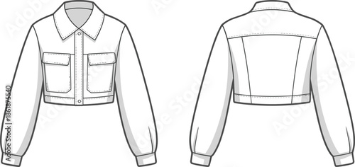 White cropped denim jacket front and back view vector illustration mockup for women fashion apparel design tailoring templates branding