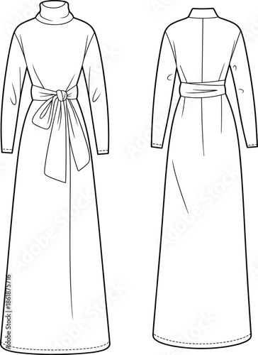 White long sleeve maxi dress front and back view vector illustration mockup for women fashion apparel design sewing templates