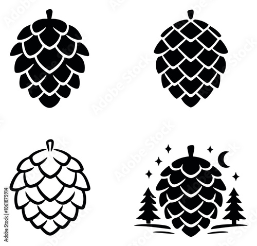 Graphic pine cone set featuring various styles for nature and winter holiday designs