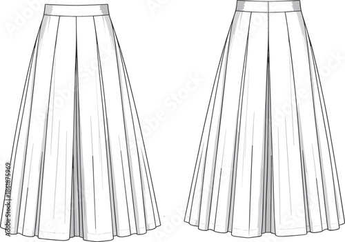 White pleated maxi skirt front and back view vector illustration mockup for women fashion apparel design templates branding sewing patterns