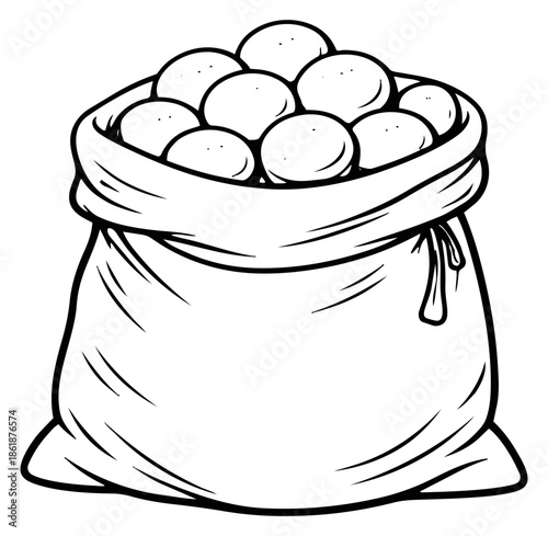 Hand drawn line art illustration of a sack of potatoes depicting a full bag for agricultural design