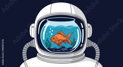 Surreal illustration of an astronaut helmet where the visor reveals a goldfish swimming in a bowl filled with blue water.