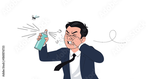 Clumsy man in a business suit accidentally spraying bug repellent into his own eyes while trying to catch a flying mosquito.