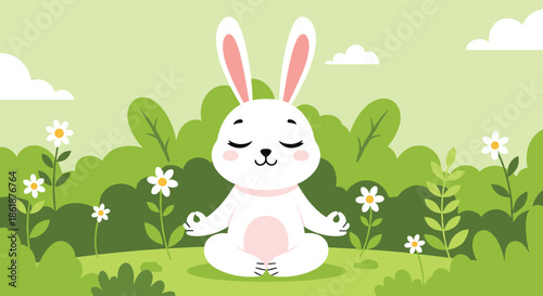 Peaceful white rabbit sitting in a lotus meditation pose in a lush green garden filled with white flowers and soft clouds.