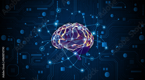 Artificial neural network or artificial intelligence brain with technology circuit board. Digital brain science for future learning. modern technology innovation concept background
