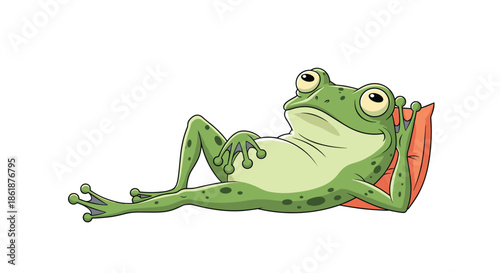 Contented green frog lying back and relaxing on an orange pillow, enjoying a moment of peace and quiet in nature.