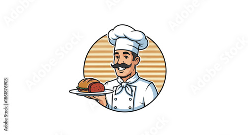 Smiling professional chef in a white hat and uniform holding a plate with a delicious gourmet hamburger for your menu.