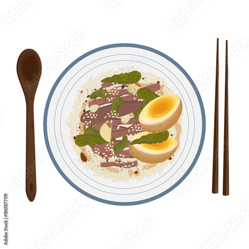 Vector Illustration Logo Clipart Top View Korean Braised Beef Jang Jorim with Rice