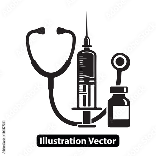 Medical equipment stethoscope syringe and vial illustration for healthcare and science