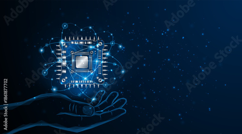 Abstract hand holding a microchip processor circuit board technology on dark blue background. Information Processing Concept. Circuit board hi-tech technology background. vector illustration