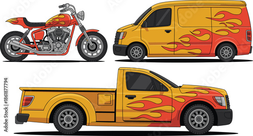 Detailed side view illustrations of a motorcycle, cargo van, and pickup truck featuring vibrant orange and yellow flame decals on yellow and orange paint.