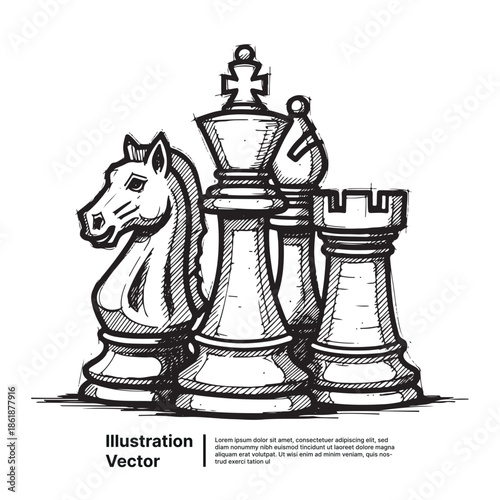 Sketchy Chess Pieces King, Queen, Knight, and Rook, Representing Strategy and Competition