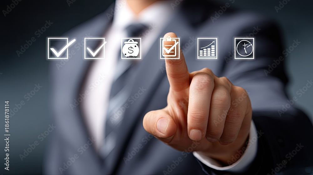 Fototapeta premium Businessman Selecting Checkboxes in a Modern Office for Task Management and Financial Planning