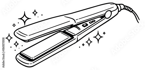 Hand drawn line art illustration of a hair straightener depicting shiny sparkles for hair styling and beauty concepts