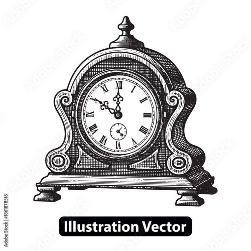 Antique mantel clock illustration with roman numerals and ornate wooden casing