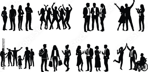 Set of black people silhouettes in business social and casual situations including dancing shopping drinking and office meetings isolated on white,