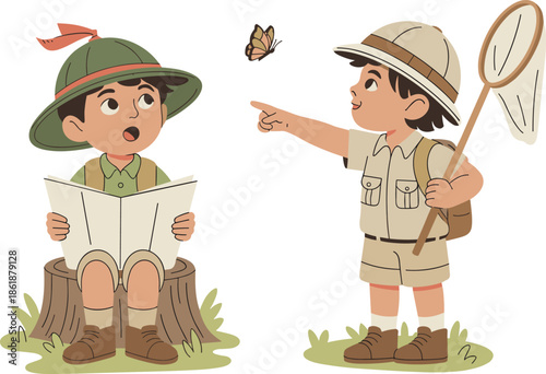 Two cute cartoon boys dressed as explorers with a map and butterfly net discovering nature and wildlife on a summer adventure vector