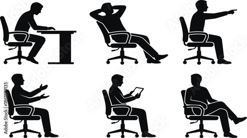 Set of black silhouettes of a businessman sitting in office chair working at desk using tablet and relaxing isolated white,