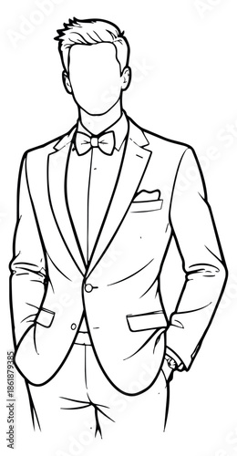 Hand drawn line art illustration of a man in a tuxedo depicting an elegant stance with hands in pockets for formal events and fashion