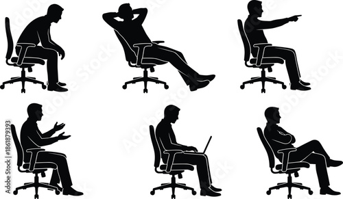 Set of black silhouettes of a businessman sitting in office chair working on laptop relaxing and talking isolated on white,