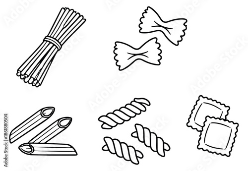 Hand drawn line art pasta set featuring various Italian noodle shapes for culinary design