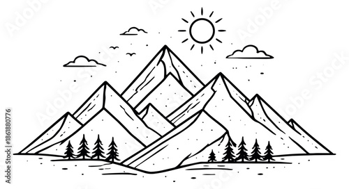 Hand drawn line art illustration of a mountain range depicting a sunny outdoor landscape with pine trees for nature and adventure designs