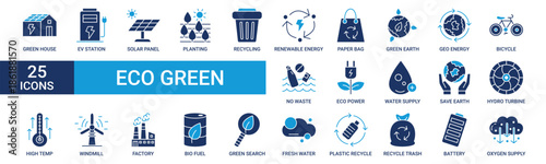 Eco green icon set. Containing green house, ev station, solar panel, planting, recycling, renewable energy and more. Solid vector icons collection.