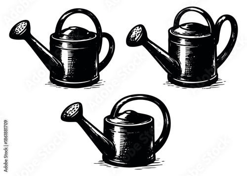 Hand drawn line art watering can set featuring three vintage style garden watering cans for gardening and plant care
