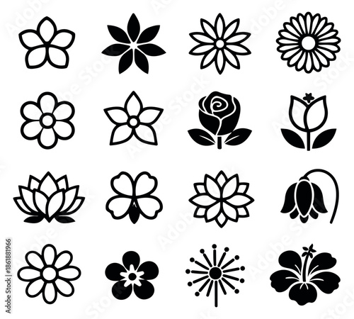 Stylized graphic flower icon set featuring different floral designs for nature and decoration projects