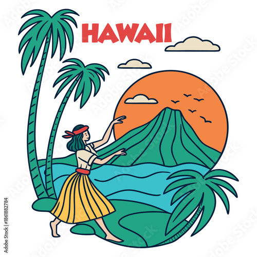 Hawaii Hula Dancer with Volcano and Sunset Vector Illustration