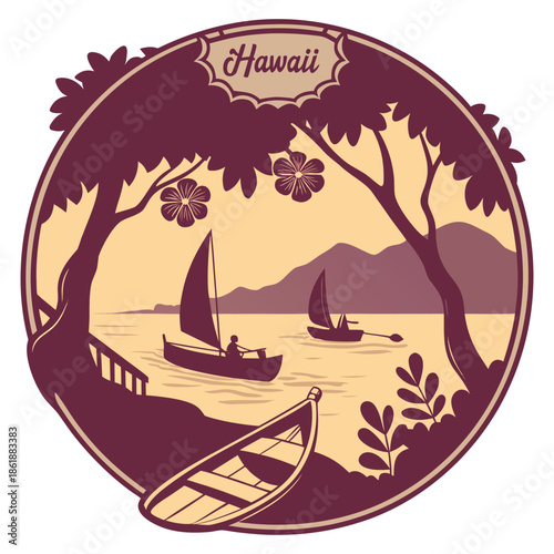 Monochrome Vintage Hawaii Landscape Illustration with Sailboat and Hibiscus