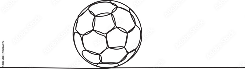 Obraz premium Soccer ball line art vector with minimal ground line, clean black and white football illustration in simple outline style